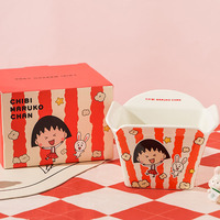 Mangkuk Mie Keramik Chibi Maruko Chan dengan Tutup Merah Kapasitas Besar Peralatan Makan Rumah Tangga untuk Mie Instan, Mie Siput, dan Mie Beras