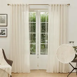 Boho Linen Curtains & Drapes Semi Sheer Farmhouse Country Style Back Tab Draperies for Living Room Bedroom