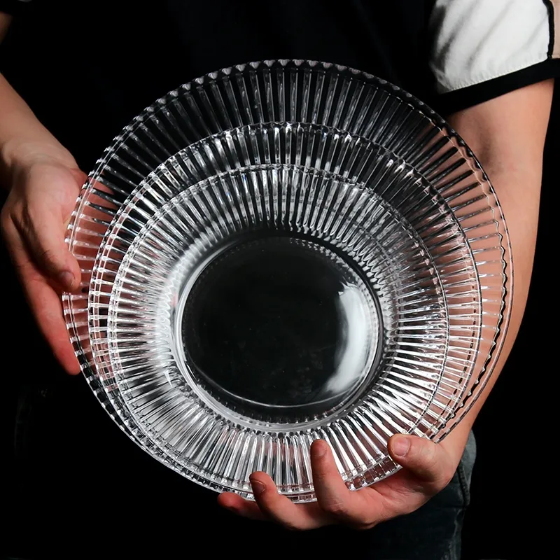 Assiettes de chargement durables pour mariage, salade transparente sous la plaque, assiette en verre cristal doré