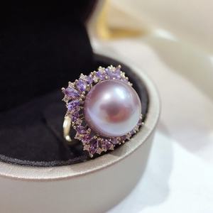 Bague en perle violette de luxe légère, 12-13 mm, naturelle, ronde, sans défaut, en argent pur, ensemble de luxe - Product Image 2