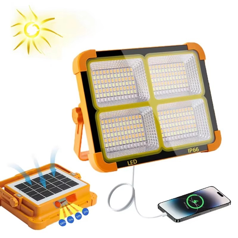 Solar Powered IP65 Portable LED Flood Light USB Battery Rechargeable Camping Lamp Emergency Work Light for Warehouse Use