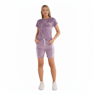 Completo Tuta Sportiva da Donna Estiva con Stampa Frontale, Maniche Corte, Girocollo, Pantaloncini con Coulisse, in Poliestere Traspirante, Tinta Unita, Casual - Product Image 1