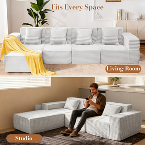 Juego de Sofá Modular en Forma de L Convertible de 4 Plazas con Otomana, Tela de Pana a Rayas, Sofá Cama de Espuma Viscoelástica para el Hogar - Product Image 6