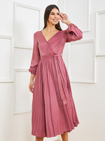 Robe midi élégante en satin à manches longues et col en V fendu pour femme – Idéale pour les soirées, banquets et occasions décontractées