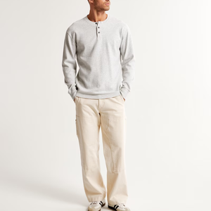 Nuovi stili 2023 cotone 100% da uomo a <span class=keywords><strong>maniche</strong></span> <span class=keywords><strong>lunghe</strong></span> Waffle a griglia Henley camicie classiche con bottoni termici Henley - Product Image 6