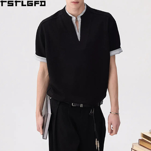 T-shirt en tricot à col en V personnalisé pour homme, style Old Money, beige, manches courtes, fabricants de t-shirts pour homme en gros - Product Image 1