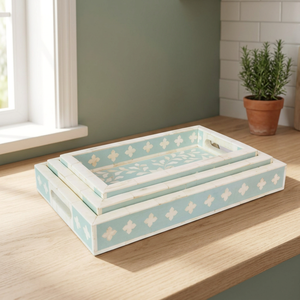 Handcrafted Light Blue Bone Inlay Tray Set Of Three Floral Design Elegant Kitchen Coffee Table Decor Serving Platters Dishes - Product Image 1