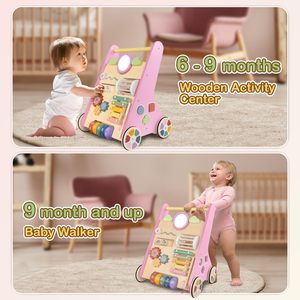 Trotteur bébé 2-en-1 en bois rose, idéal pour les premiers pas, avec fonction pousseur, à prix avantageux - Product Image 2