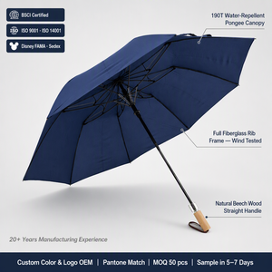 Elegante Paraguas Compacto de Dos Pliegues en Azul Mediterráneo Intenso con Mango de Madera, Ideal para Regalo al Estilo de la <span class=keywords><strong>Riviera</strong></span> Italiana y Uso Diario - Product Image 1