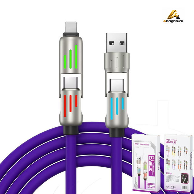 4 in 1 RGB LED USB Type-C Charging Cable 240W Fast Charging Soft Silicone Zinc Alloy 1M Retail Package for iPhone & Android