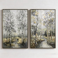 Peinture à l'huile sur toile représentant un paysage de forêt de bouleaux texturés, avec feuille d'or et d'argent, pour la décoration de la maison et des hôtels