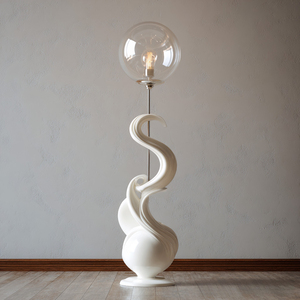 Lámpara de Pie con Forma de Ola en S, Color Blanco Brillante, Base Orgánica Retorcida, Pantalla de Globo de Vidrio Transparente para Sala de Estar - Product Image 1