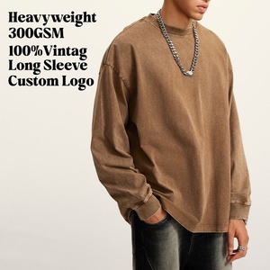 Vintage <b>Washed</b> Long Sleeve T-Shirt Wholesale 100% Cotton Custom Logo Heavyweight Oversized Crewneck Blank Streetwear Top Tee - Product Image 3