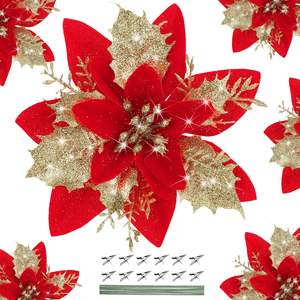 2025 adornos de decoración de árbol de Navidad rojo flor Artificial Flor de Pascua dorada brillo flores de Navidad - Product Image 5