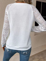 Haut en tricot pointelle pour femme, manches longues en dentelle, col rond, coupe ajustée, chemisier décontracté pour le printemps et l'automne