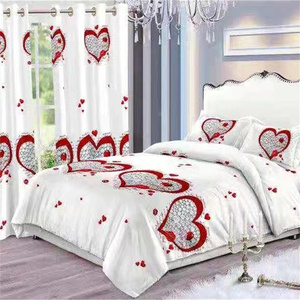 Customized <strong>100</strong>% Polyester <strong>Printed</strong> Heart Love Patterns Bed Sheet <strong>Set</strong> 400TC with Matching Curtains-Folded Bedroom <strong>Bedding</strong> - Product Image 1