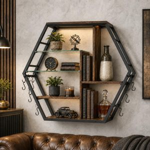 Étagère murale hexagonale industrielle SENYU avec structure en bois et en fer, étagère de rangement à trois niveaux pour la décoration du salon - Product Image 1