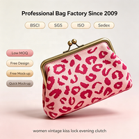 Sac à main vintage en toile imprimé léopard pour femme avec fermoir Kiss Lock et cadre à pression, pochette de soirée pour femme