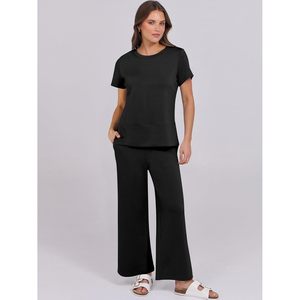 Ensemble de détente 2 pièces pour femme, manches courtes, pantalon large, tenue décontractée assortie, survêtement d'été respirant en maille - Product Image 6