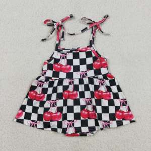 Combinaison sans manches pour bébé fille, motif à carreaux noir et blanc, imprimé cerise, vente en gros, SR3854 RTS - Product Image 1