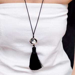Kaimei 2025 Gioielli alla Moda, Decorazione di Halloween, <span class=keywords><strong>Collana</strong></span> <span class=keywords><strong>Lunga</strong></span> da Donna con Nappine Nere, Stile Boho, <span class=keywords><strong>Argento</strong></span>, Collane Lunghe per Halloween - Product Image 1