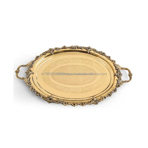 Bandeja de Servicio de Latón de 16 Pulgadas con Relieve y Asa, Estilo Mughal Maharaja, Vajilla Tradicional Elegante para el Hogar - Product Image 4