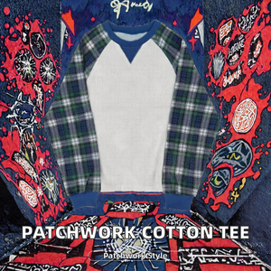 T-shirt à manches longues en coton gaufré bicolore pour homme, style streetwear, patchwork à carreaux - Product Image 2