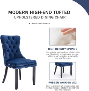 Chaise de salle à manger moderne en peluche bleu marine avec coussin doux et bouton avec anneau de traction - Product Image 5