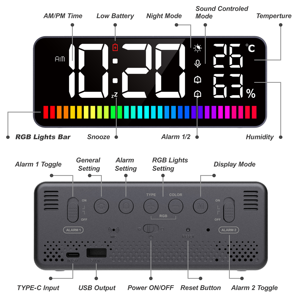 <span class=keywords><strong>Sveglia</strong></span> termometro LED digitale elettronico Monitor di temperatura misuratore di umidità con ritmica Bar orologio a specchio Snooze - Product Image 3