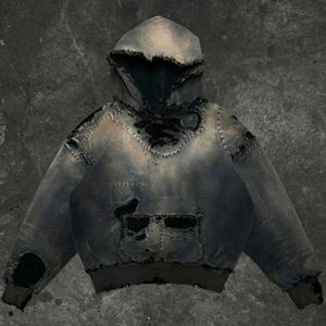 Sudadera con capucha recortada desgastada de peso pesado de algodón personalizada Yingling, parche cortado y cosido, lavado con ácido, Sudadera con capucha Vintage - Product Image 1