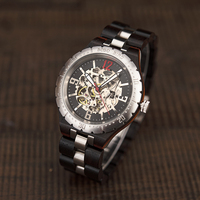 Montre-bracelet mécanique unisexe de luxe avec boîtier en bois, cadran automatique en bois, bracelet en plastique, chronographe, affichage jour/date, et breloque en forme de pièce de monnaie