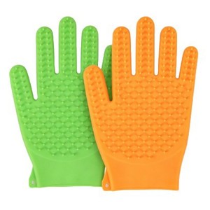 Gants de bain pour animaux de compagnie en silicone double face, orange et vert, pour le soin du pelage, le massage et le nettoyage des chiens - Product Image 1