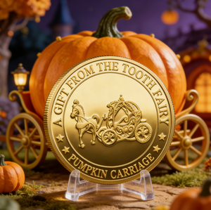 Moneta commemorativa in lega di zinco placcata oro con bordo inciso e rilievo dentellato, raffigurante una carrozza a forma di zucca, regalo per bambini - Product Image 2