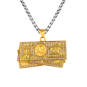 Collier pendentif en or plaqué avec diamants incrustés en forme de dollar américain, chaîne en acier inoxydable de 60 cm avec 175 diamants, bijoux cadeau - Product Image 2