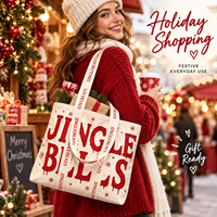 Sac fourre-tout en toile grand format JC BASIC rouge avec impression de lettres de Noël, durable, grande capacité, réutilisable, cadeau d'entreprise, saisonnier, vente au détail, OEM ODM