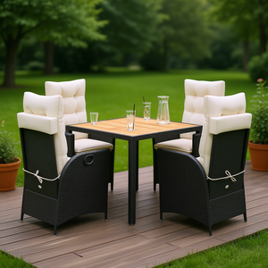 Juego de Comedor de Jardín Color Blanco Crema y Negro, 4 Plazas, Mesa de Ratán y Madera de Teca, Muebles de Exterior Resistentes a la Intemperie, Diseño Contemporáneo - Product Image 2
