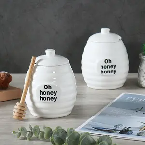 Custom Logo Home Kitchen Syrup Container Storage Pot White Ceramic Honey Jar with Dipper