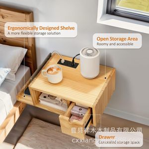 Wooden Bedside Storage <b>Shelf</b> With Drawer Solid <b>Pine</b> Natural Color Floating Nightstand Bedroom Organizer - Product Image 1