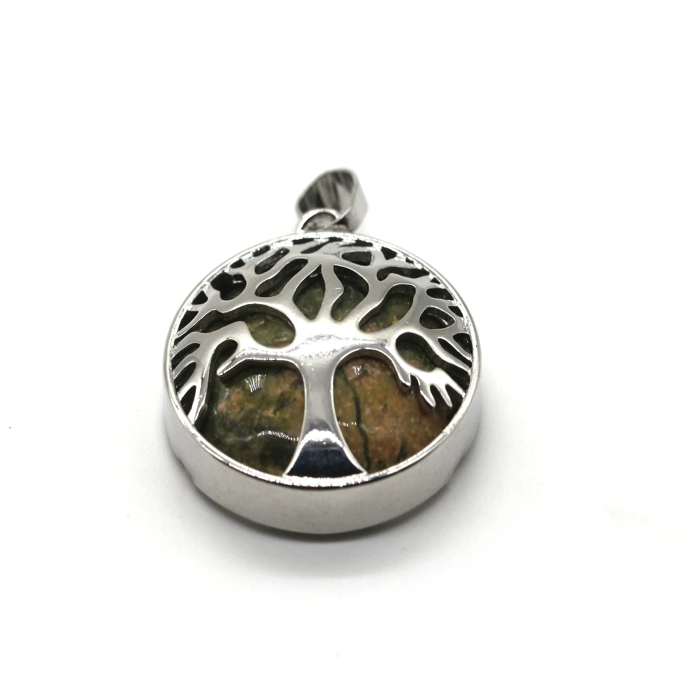 Liontin batu permata bulat datar 25mm liontin kristal alami pohon unakite liontin kehidupan untuk membuat perhiasan kalung