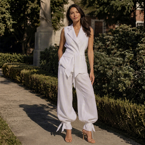 Ensemble Bohème Femme en Lin/Coton : Blazer Sans Manches Col Mandarin et Pantalon Cheville Ceinturé – Deux Pièces Écologique et Respirant - Product Image 1