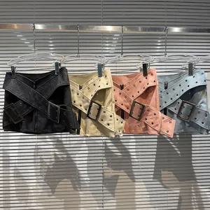 Women's Leather Mini Skirt 2023 Autumn New Street Wear Cross Belt Hip Skirt Hot Girl Casual Straight Short Skirt