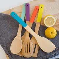 Ensemble de 5 ustensiles multicolores en bambou, ustensiles de cuisine antiadhésifs durables et écologiques, support en bois de teck naturel, design moderne et durable