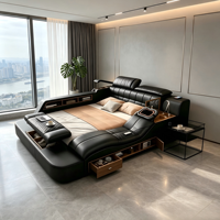 Lit intelligent multifonctionnel en cuir de luxe moderne avec rangement Tatami, cadre de lit rembourré réglable pour tailles double, queen et king