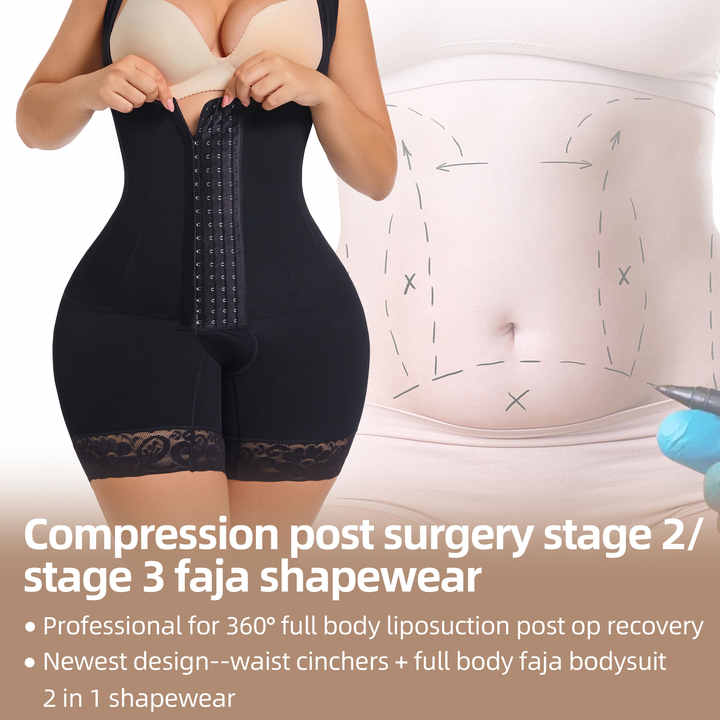 KIRYU BBL - Fajas colombianas de etapa 2 para mujer, con control de abdomen, sin costuras, levantador de glúteos, body postoperatorio, Negro -, S