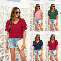 T-shirt décontracté ample pour femme, col en V, manches bouffantes, motif floqué, manches courtes, collection Printemps/Été, pour le tourisme transfrontalier
