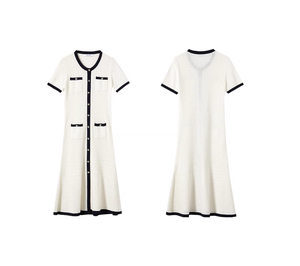 Korean Cotton Mix Elegant Slim Button Casual Short Sleeve Breathable Knitted <strong>Maxi</strong> Length Summer <strong>Cardigan</strong> Women's A-Line Bodycon - Product Image 1