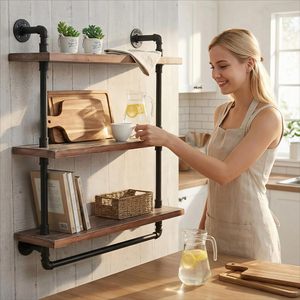 Étagères murales en bois industriel SENYU avec cadre en fer, design rectangulaire à trois niveaux pour le rangement dans le salon, montage mural durable - Product Image 5