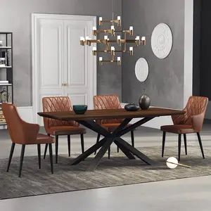 Mobiliário de novo design em forma de x, cadeiras de couro barato vintage de 6 8 pessoas assentos mesa de jantar conjunto e cadeiras de madeira