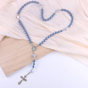 סיטונאות 8 מ "מ זכוכית פנינה חרוזי תפילה קאתולית שרשרת צלב צלב - Product Image 4