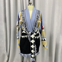 JancocoStyle Vintage Cardigan long pour femmes en cachemire doux tricoté vêtements d'extérieur décontracté imprimé pull en fourrure